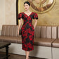 Red Floral Jacquard Midi Dress with Puff Sleeves