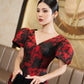 Red Floral Jacquard Midi Dress with Puff Sleeves