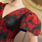 Red Floral Jacquard Midi Dress with Puff Sleeves