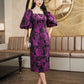 Purple Floral Jacquard Midi Dress with Puff Sleeves and Square Neckline