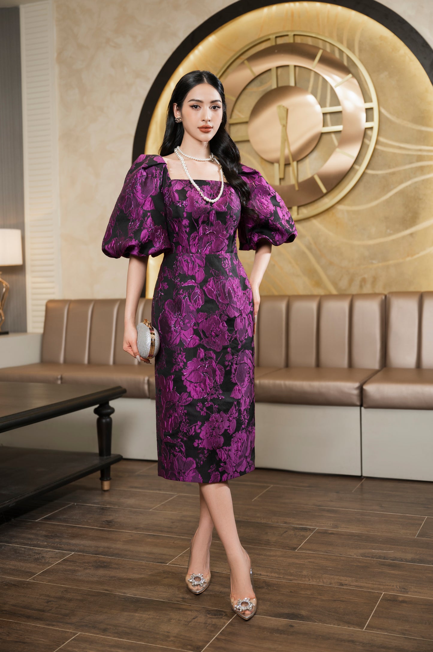 Purple Floral Jacquard Midi Dress with Puff Sleeves and Square Neckline