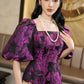 Purple Floral Jacquard Midi Dress with Puff Sleeves and Square Neckline