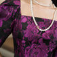 Purple Floral Jacquard Midi Dress with Puff Sleeves and Square Neckline