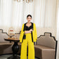 Yellow Blazer Pants Set with Embellished Black Top, Wide Leg Trousers