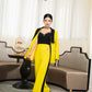 Yellow Blazer Pants Set with Embellished Black Top, Wide Leg Trousers