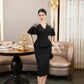 Black Peplum Midi Dress with Ruffled Sleeves and Pearl Detailing