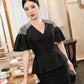 Black Peplum Midi Dress with Ruffled Sleeves and Pearl Detailing