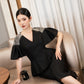 Black Peplum Midi Dress with Ruffled Sleeves and Pearl Detailing