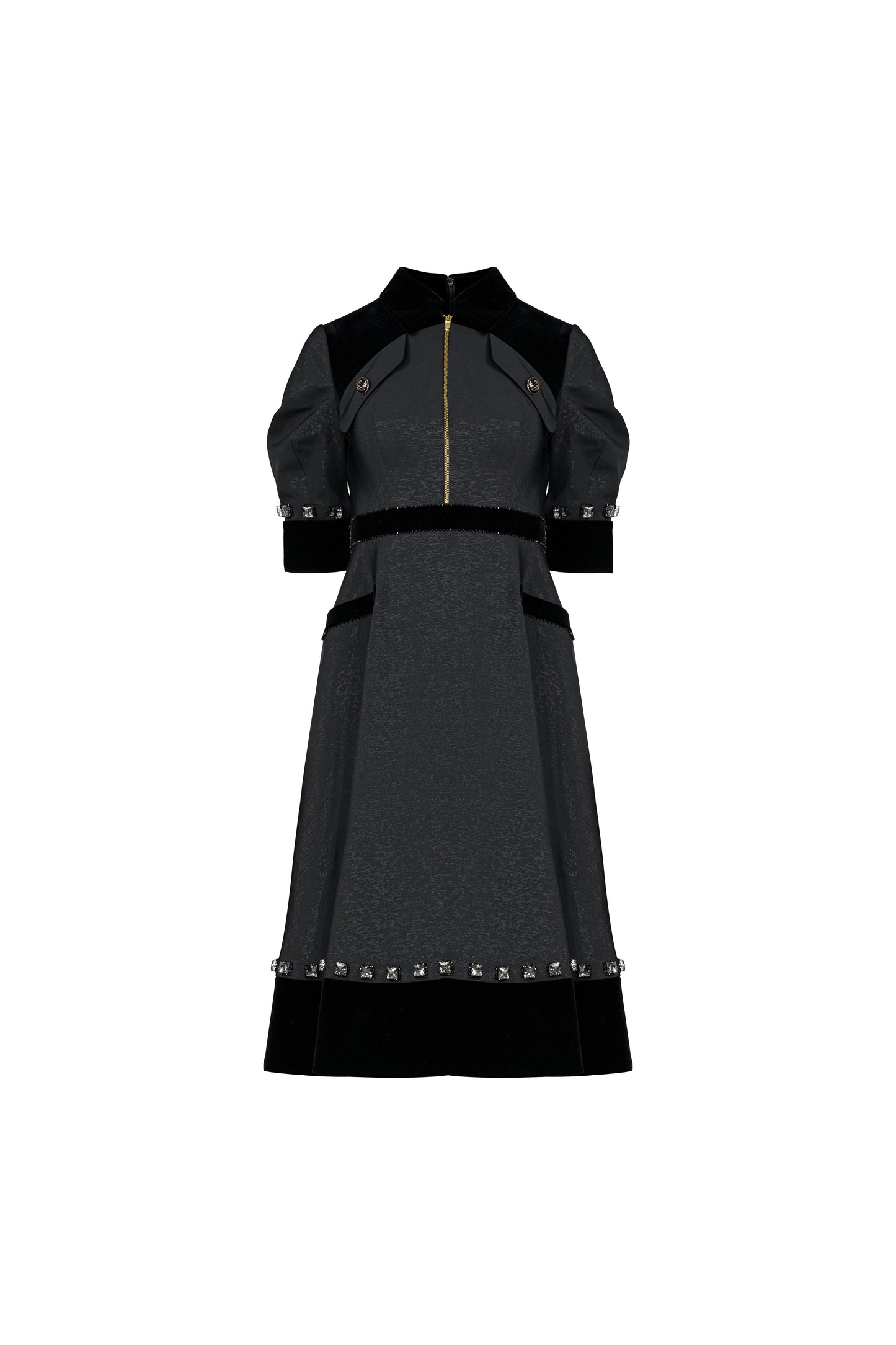 Gabardine & Velvet Black Midi Dress with Puff Sleeves and Zipper Front