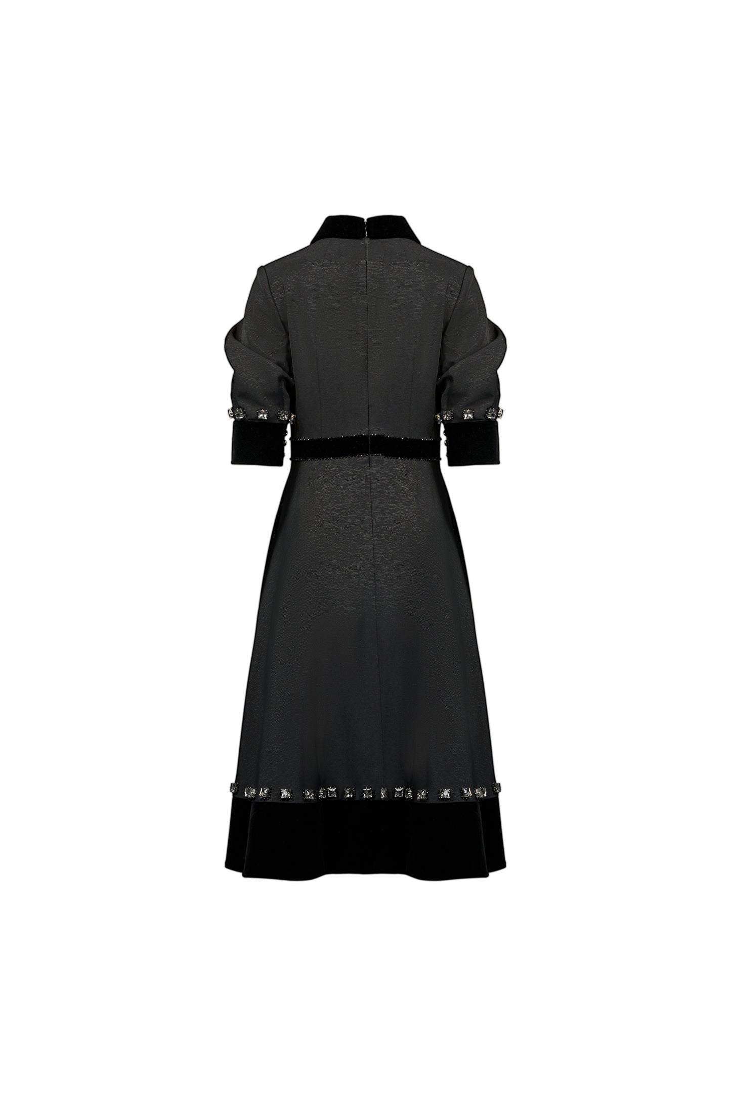 Gabardine & Velvet Black Midi Dress with Puff Sleeves and Zipper Front