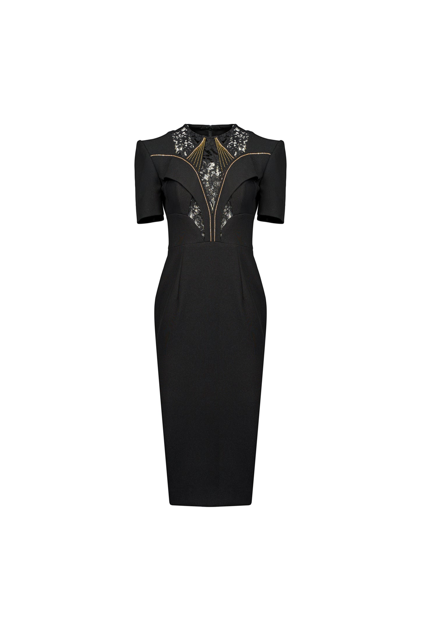 Gabardine & Lace Black Midi Dress with Sheer Lace Panel