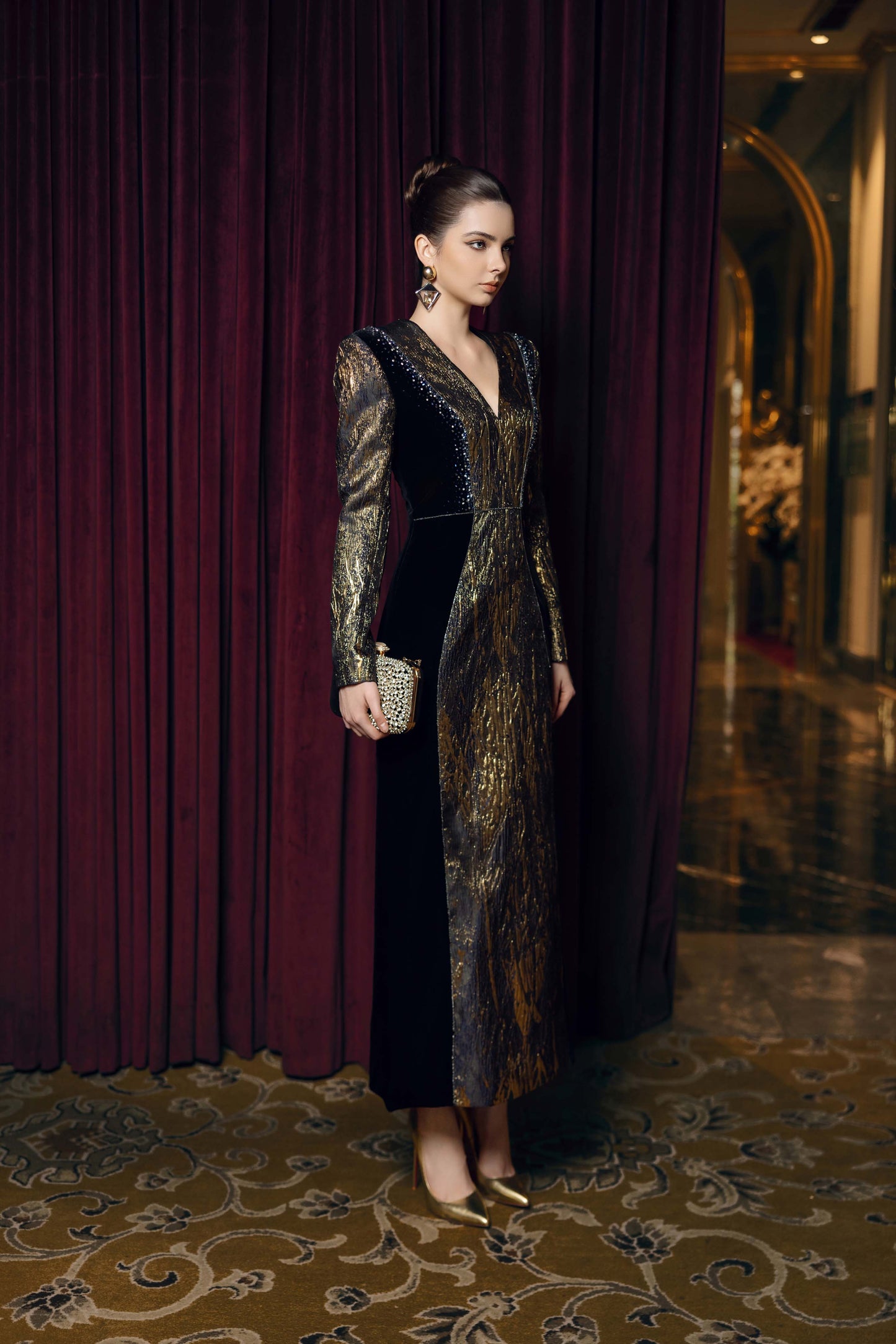 Metallic Gold and Black Long-Sleeve Evening Gown with Velvet Accents