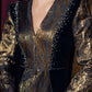 Metallic Gold and Black Long-Sleeve Evening Gown with Velvet Accents