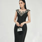 Black Floral Embellished V-Neck Bodycon Dress