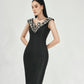 Black Floral Embellished V-Neck Bodycon Dress