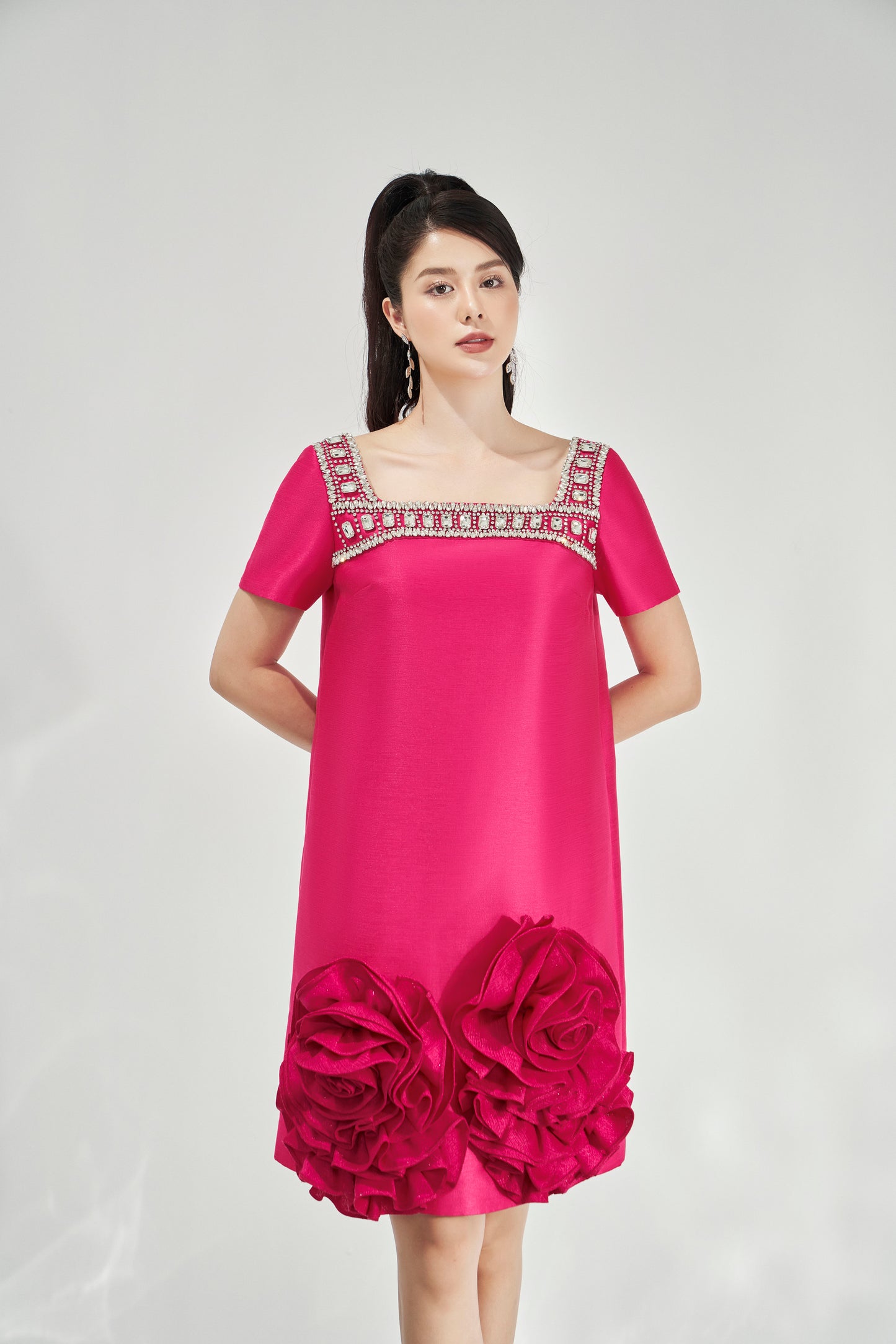 Fuchsia A-Line Mini Dress with Beaded Neckline and 3D Floral Appliques