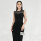 Black Midi Bodycon Dress with Sheer Embellished Neckline