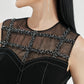 Black Midi Bodycon Dress with Sheer Embellished Neckline