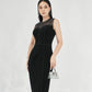 Black Midi Bodycon Dress with Sheer Embellished Neckline
