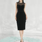 Black Midi Bodycon Dress with Sheer Embellished Neckline