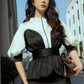 Black and White Peplum Midi Dress with Puff Sleeves