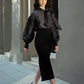Black Blouse with Statement Bow and Balloon Sleeves