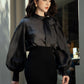 Black Blouse with Statement Bow and Balloon Sleeves