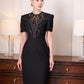 Gabardine & Lace Black Midi Dress with Sheer Lace Panel