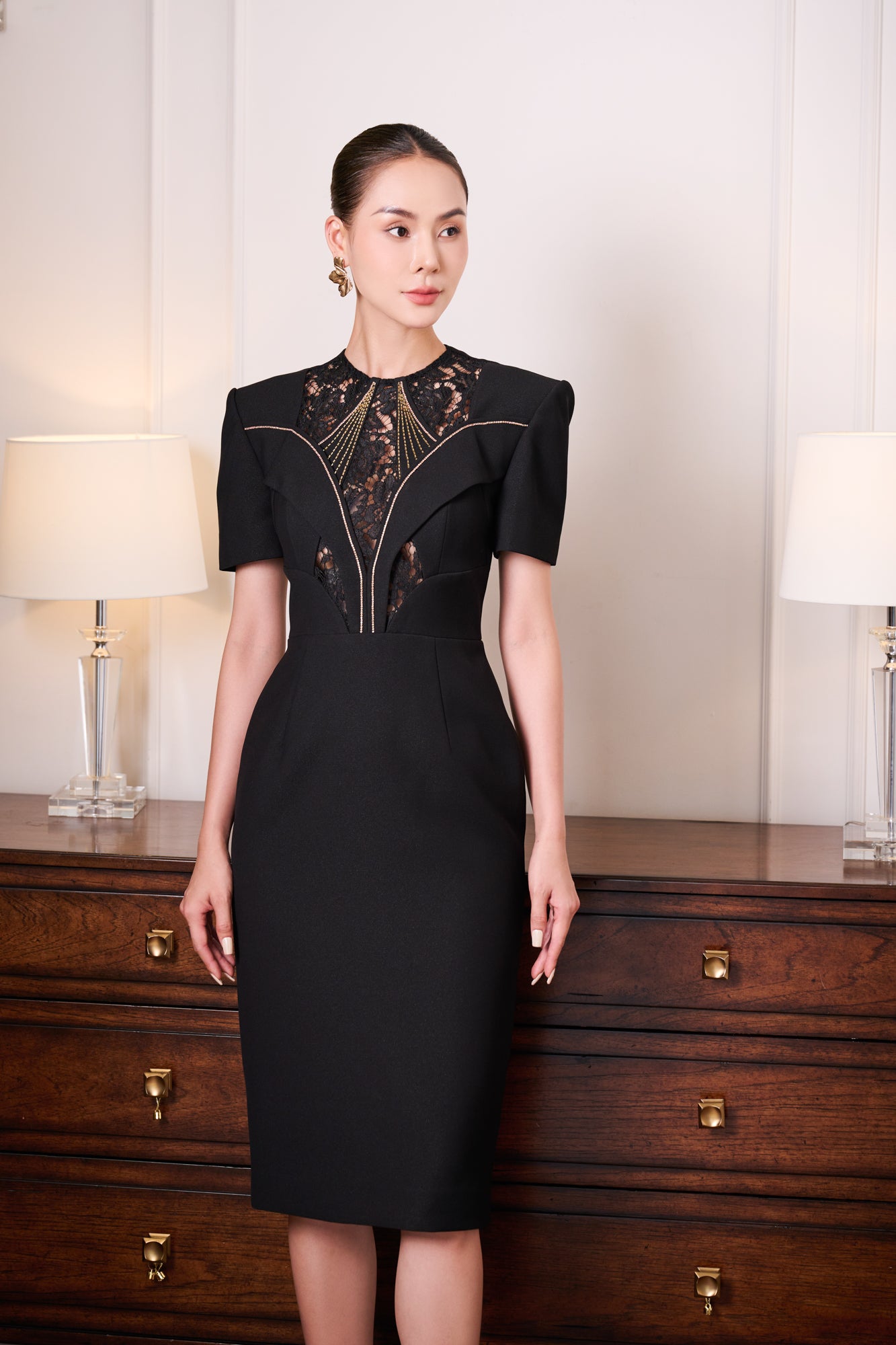 Gabardine & Lace Black Midi Dress with Sheer Lace Panel