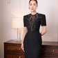 Gabardine & Lace Black Midi Dress with Sheer Lace Panel