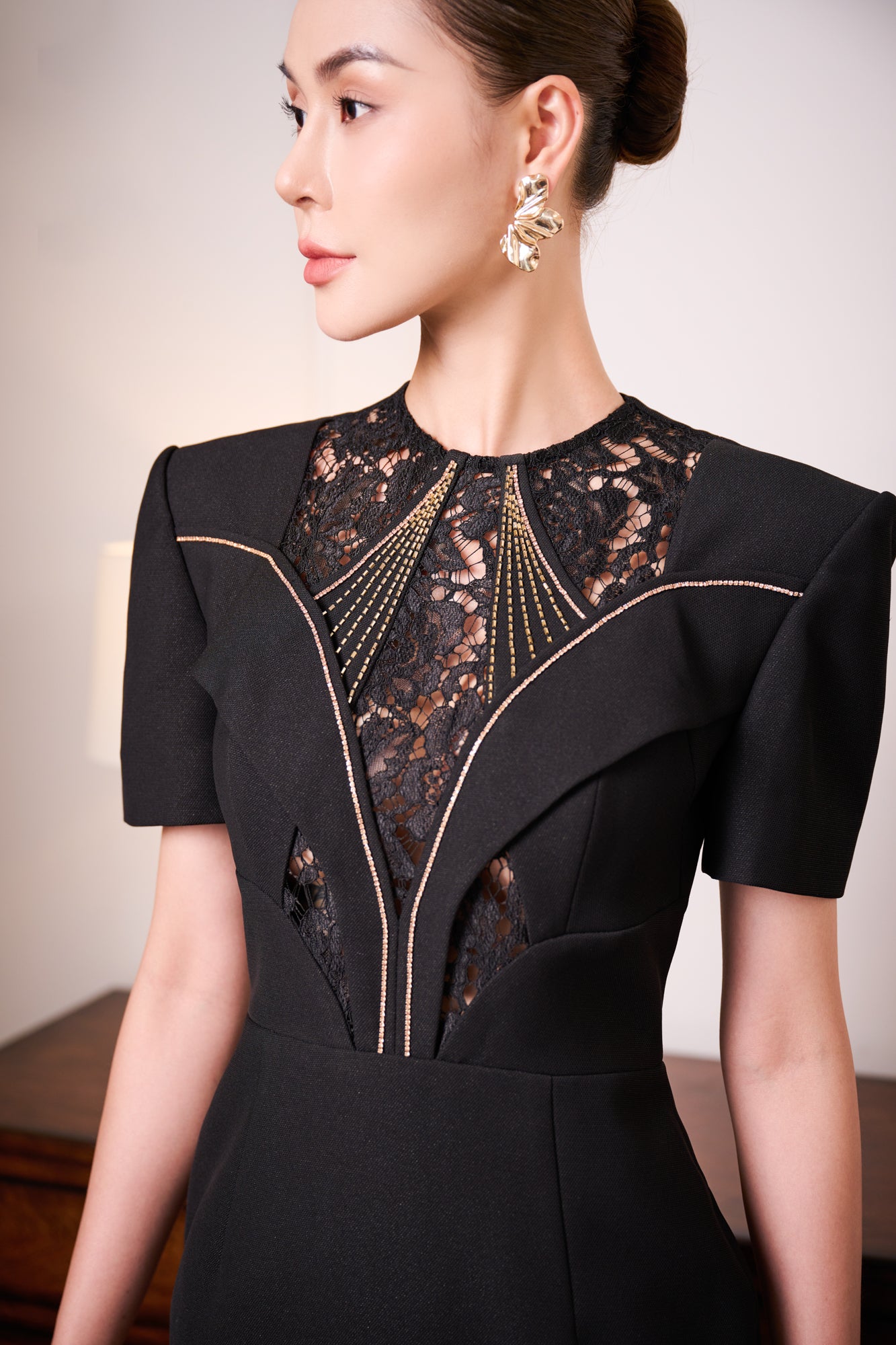 Gabardine & Lace Black Midi Dress with Sheer Lace Panel