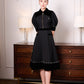 Gabardine & Velvet Black Midi Dress with Puff Sleeves and Zipper Front