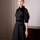 Gabardine & Velvet Black Midi Dress with Puff Sleeves and Zipper Front