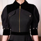 Gabardine & Velvet Black Midi Dress with Puff Sleeves and Zipper Front