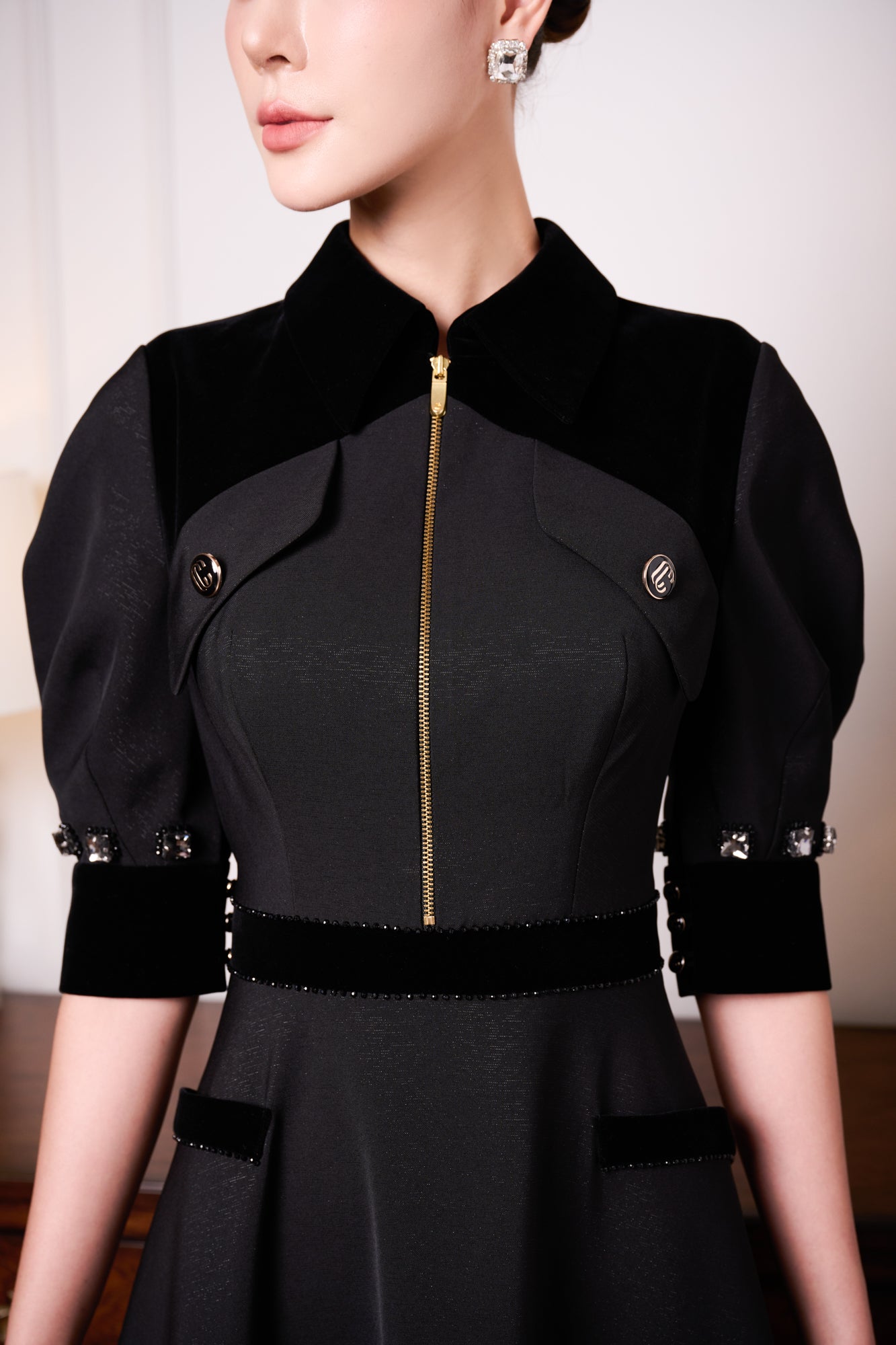Gabardine & Velvet Black Midi Dress with Puff Sleeves and Zipper Front