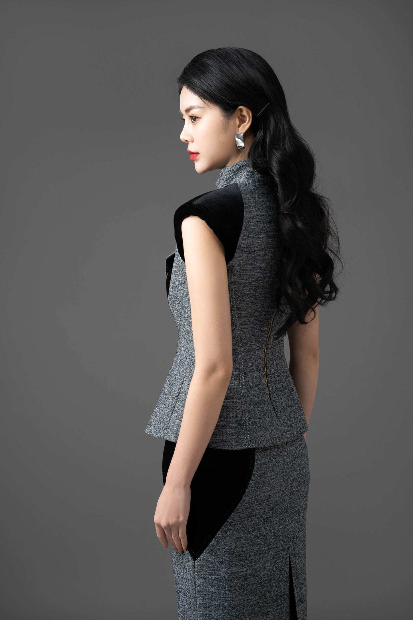 Tweed and Gabardine Structured Vest and Pencil Skirt Set