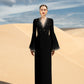 Black Evening Gown with Bell Sleeves and Pearl Detailing