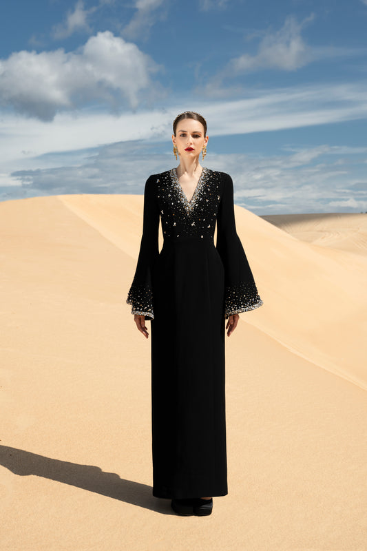 Black Evening Gown with Bell Sleeves and Pearl Detailing
