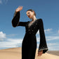 Black Evening Gown with Bell Sleeves and Pearl Detailing