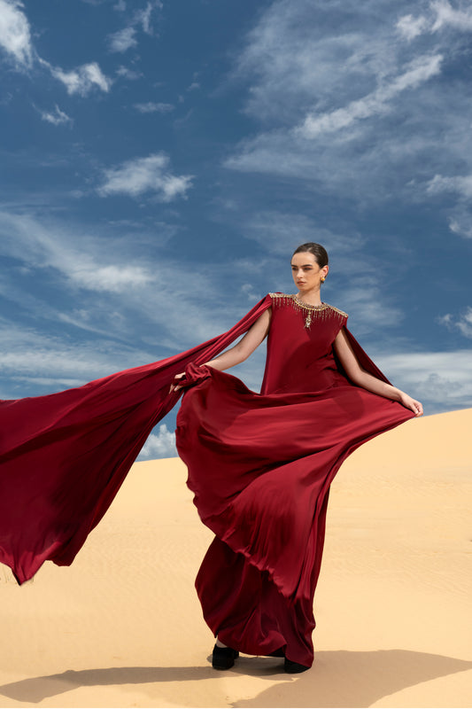Burgundy Cape Sleeve Maxi Dress with Gold Embellishments