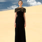 Black Cape-Style Evening Gown with Gold Embellishments