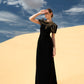 Black Cape-Style Evening Gown with Gold Embellishments