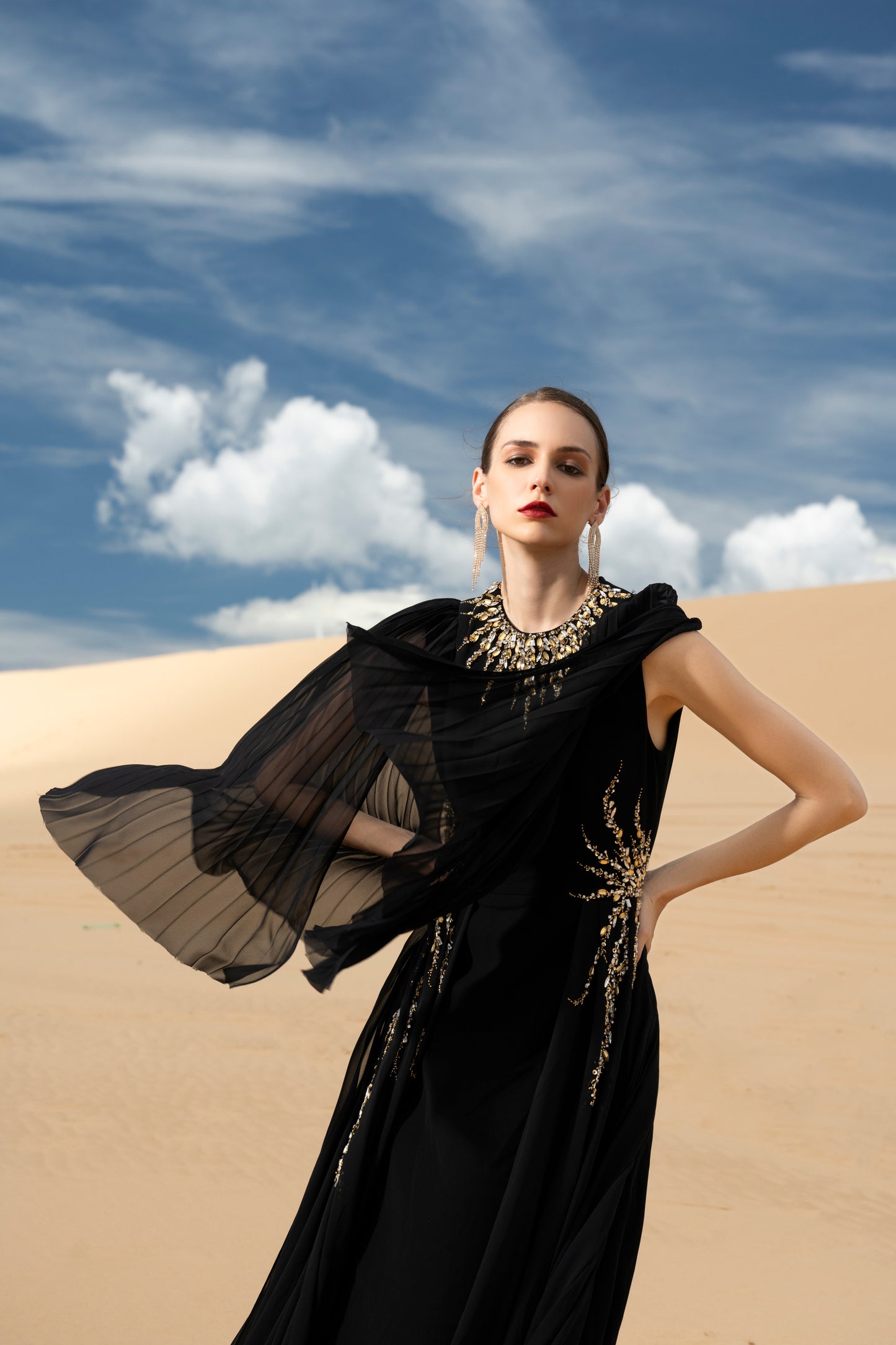 Black Flowing Chiffon Gown with Flared Sleeves and Gold Embellishments