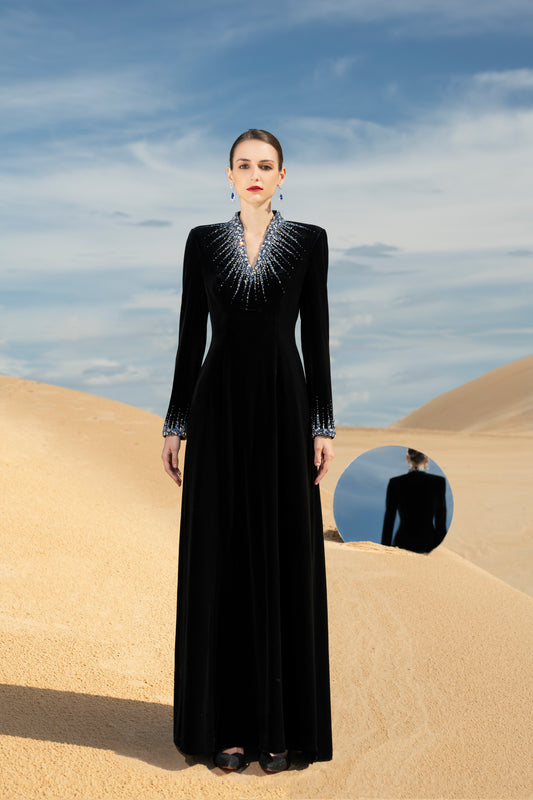 Black Velvet Evening Gown with Radiant Embellished Neckline